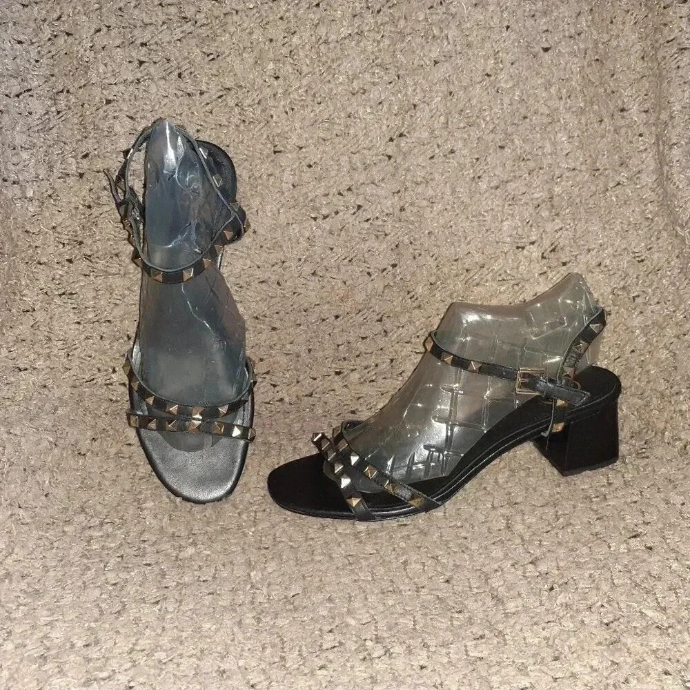 ASH-Iggy-Studded Black Leather-Ankle Strap Heel Sandals-Sz 41/10-Excellent